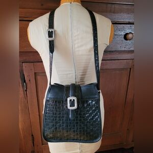 Vintage BRIGHTON Black Leather Shoulder Bag Woven